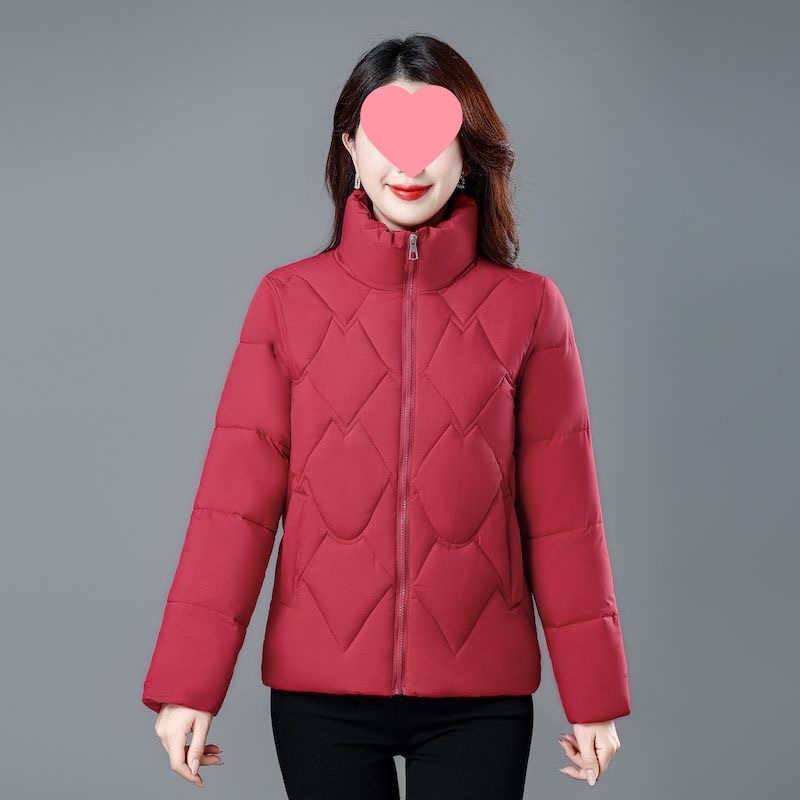 Moteriška medvilninė pūkų striukė – korėjietiško stiliaus, ilgomis rankovėmis, stovinti apykaklė, užsegimas vienu mygtuku, vidutinio storio, vientisas modelis