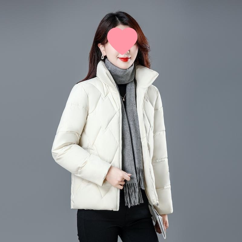 Moteriška medvilninė pūkų striukė – korėjietiško stiliaus, ilgomis rankovėmis, stovinti apykaklė, užsegimas vienu mygtuku, vidutinio storio, vientisas modelis