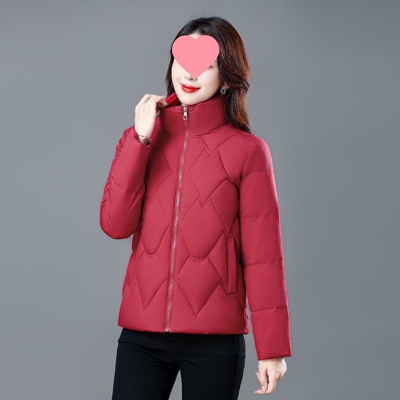 Moteriška medvilninė pūkų striukė – korėjietiško stiliaus, ilgomis rankovėmis, stovinti apykaklė, užsegimas vienu mygtuku, vidutinio storio, vientisas modelis