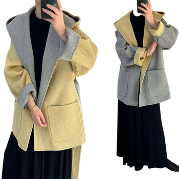 Moteriškas chenille paltas su gobtuvu, su spandeksu, laisvas kirpimas, trumpas ilgis, raištelių užsegimas