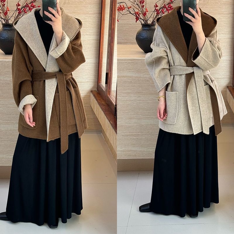 Moteriškas chenille paltas su gobtuvu, su spandeksu, laisvas kirpimas, trumpas ilgis, raištelių užsegimas