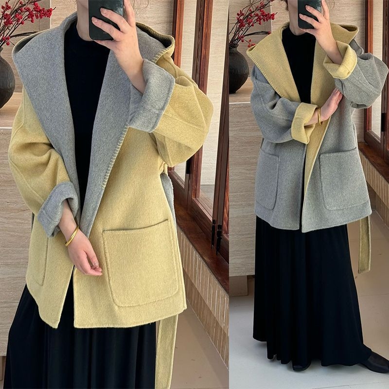 Moteriškas chenille paltas su gobtuvu, su spandeksu, laisvas kirpimas, trumpas ilgis, raištelių užsegimas