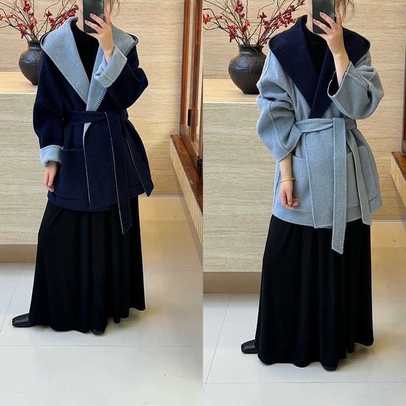 Moteriškas chenille paltas su gobtuvu, su spandeksu, laisvas kirpimas, trumpas ilgis, raištelių užsegimas