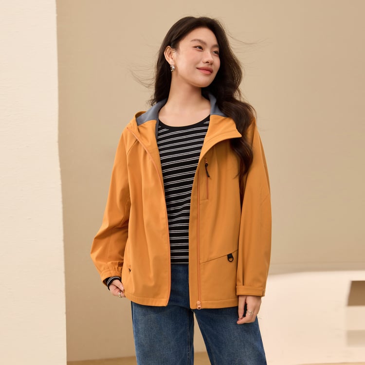 Γυναικείο μπουφάν από πολυεστέρα με κουκούλα και φερμουάρ, στενή γραμμή, κεντημένες λεπτομέρειες, κομψό αστικό στυλ