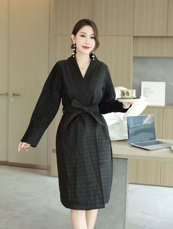 Γυναικεία ζακέτα ιαπωνο-κορεατικού casual στυλ, πλισέ στη μέση, V-λαιμό, μεσαίου μήκους, πολυεστερικό ύφασμα