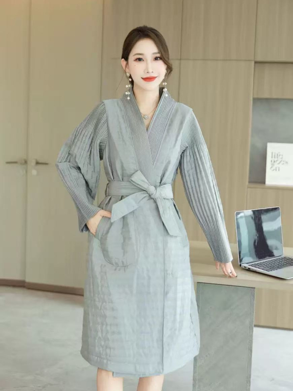 Γυναικεία ζακέτα ιαπωνο-κορεατικού casual στυλ, πλισέ στη μέση, V-λαιμό, μεσαίου μήκους, πολυεστερικό ύφασμα