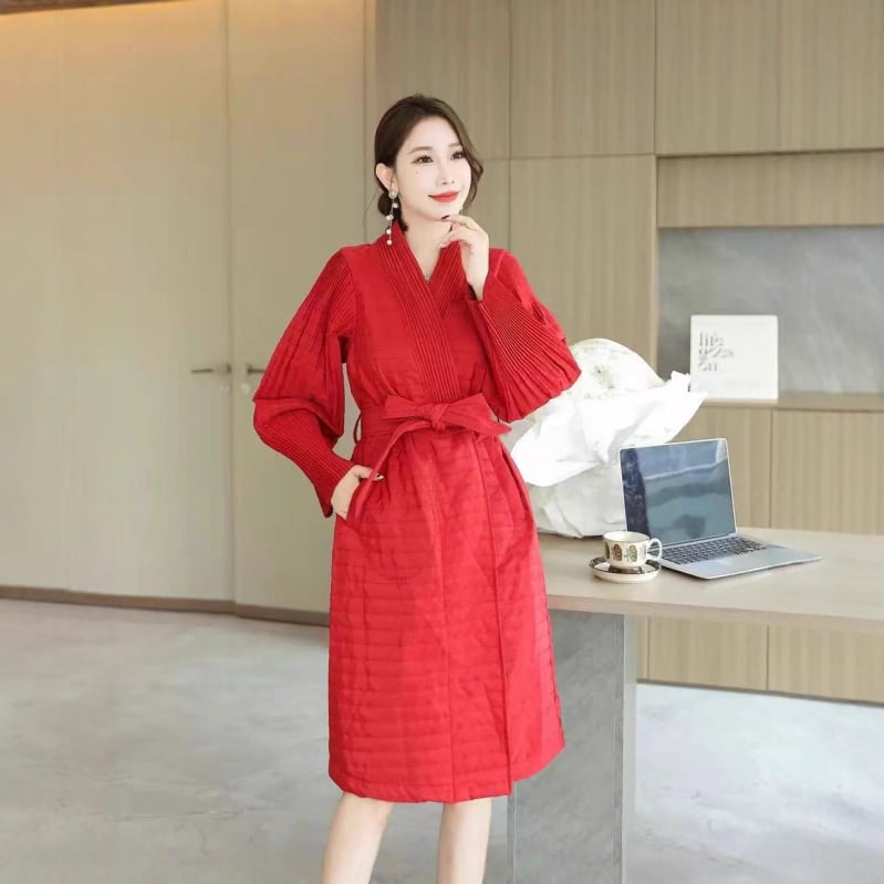 Γυναικεία ζακέτα ιαπωνο-κορεατικού casual στυλ, πλισέ στη μέση, V-λαιμό, μεσαίου μήκους, πολυεστερικό ύφασμα