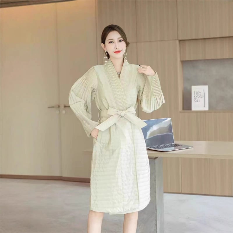 Γυναικεία ζακέτα ιαπωνο-κορεατικού casual στυλ, πλισέ στη μέση, V-λαιμό, μεσαίου μήκους, πολυεστερικό ύφασμα