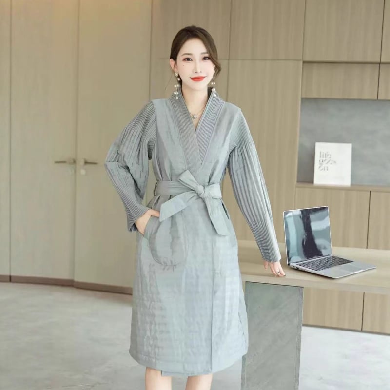 Γυναικεία ζακέτα ιαπωνο-κορεατικού casual στυλ, πλισέ στη μέση, V-λαιμό, μεσαίου μήκους, πολυεστερικό ύφασμα