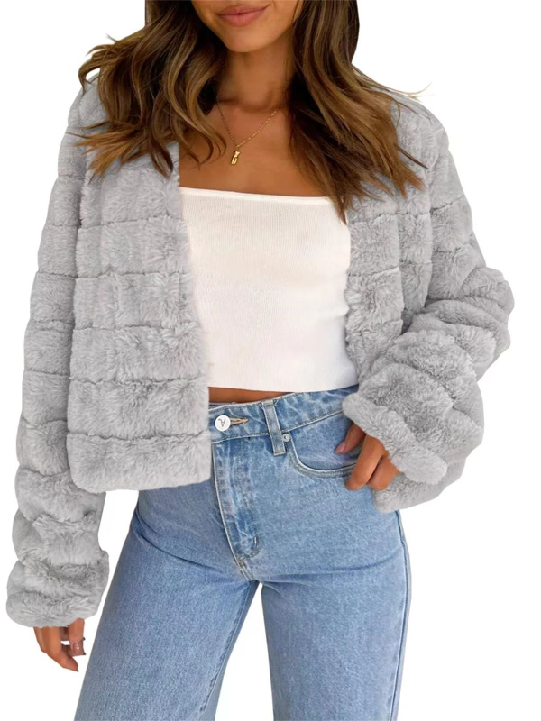 Moteriškas trumpas dirbtinio kailio švarkas, ilgomis rankovėmis, be apykaklės, priekinis užsegimas sagomis