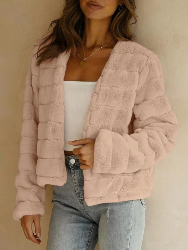 Moteriškas trumpas dirbtinio kailio švarkas, ilgomis rankovėmis, be apykaklės, priekinis užsegimas sagomis