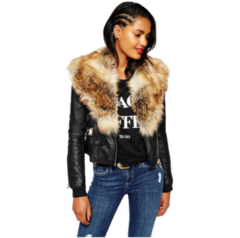 Moteriška PU odinė striukė su užtrauktuku, motociklo stiliaus, dirbtinės kailio apykaklė, ilgomis rankovėmis