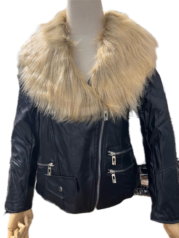 Moteriška PU odinė striukė su užtrauktuku, motociklo stiliaus, dirbtinės kailio apykaklė, ilgomis rankovėmis