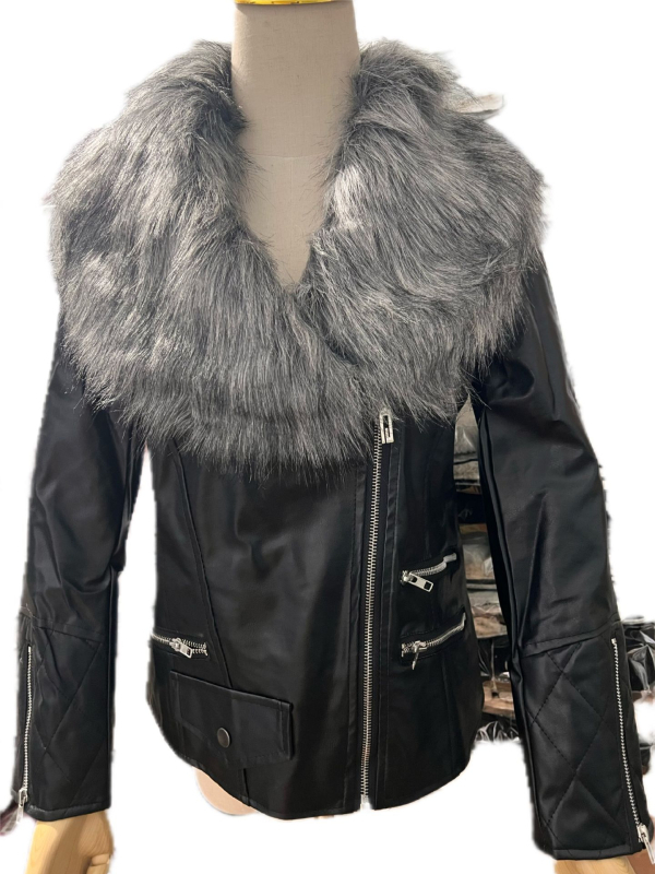 Moteriška PU odinė striukė su užtrauktuku, motociklo stiliaus, dirbtinės kailio apykaklė, ilgomis rankovėmis
