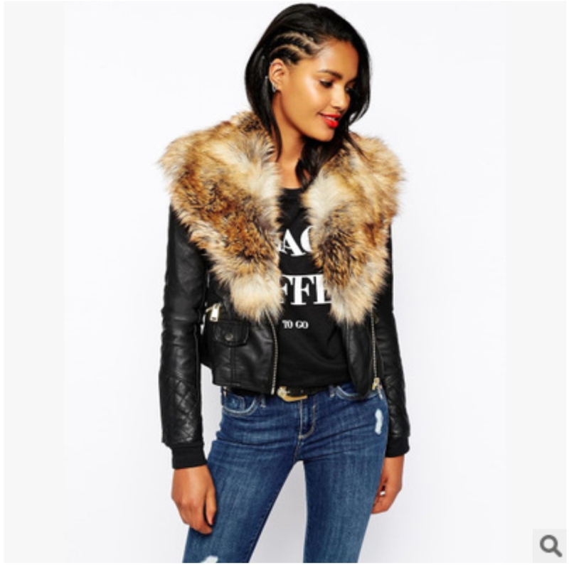 Moteriška PU odinė striukė su užtrauktuku, motociklo stiliaus, dirbtinės kailio apykaklė, ilgomis rankovėmis