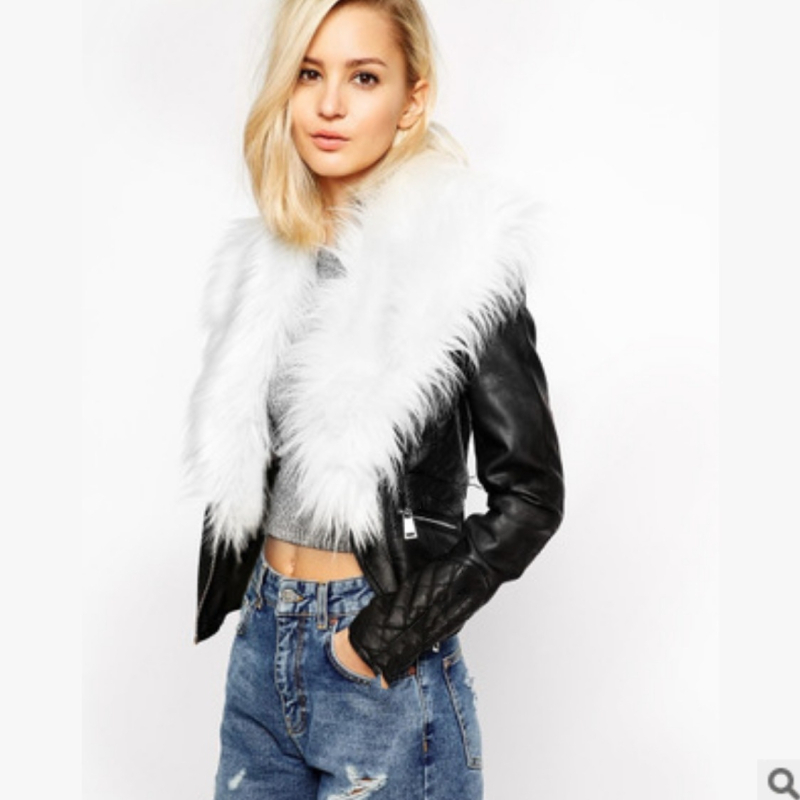 Moteriška PU odinė striukė su užtrauktuku, motociklo stiliaus, dirbtinės kailio apykaklė, ilgomis rankovėmis