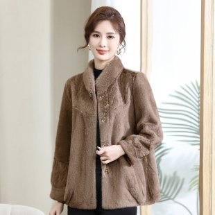 Moterų Mink Velvet paltas su kailine apykakle, Chenille audinys su elastanu, trumpas ilgis, ragų rankovės