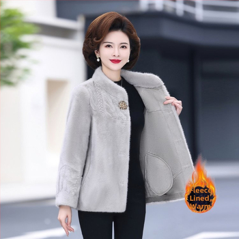 Moterų Mink Velvet paltas su kailine apykakle, Chenille audinys su elastanu, trumpas ilgis, ragų rankovės