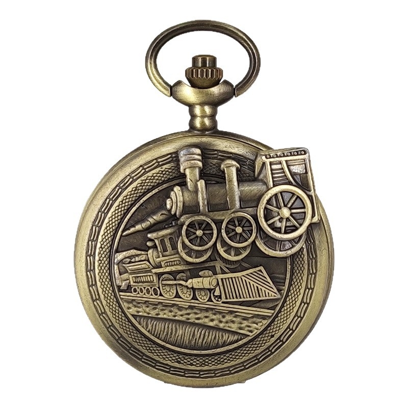 Джобен часовник с кварцов механизъм, скелетен дизайн на локомотив, унисекс стил, 24-часова индикация (Дисплей: стрелка + цифри; Механизъм: кварц; Калъф: сплав; Стъкло: пластмасово)