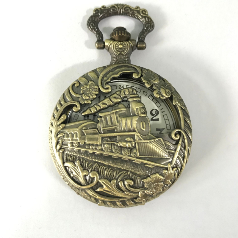 Джобен часовник с кварцов механизъм, скелетен дизайн на локомотив, унисекс стил, 24-часова индикация (Дисплей: стрелка + цифри; Механизъм: кварц; Калъф: сплав; Стъкло: пластмасово)