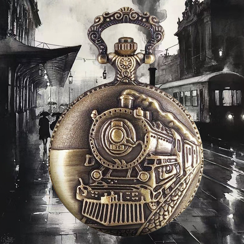 Джобен часовник с кварцов механизъм, скелетен дизайн на локомотив, унисекс стил, 24-часова индикация (Дисплей: стрелка + цифри; Механизъм: кварц; Калъф: сплав; Стъкло: пластмасово)