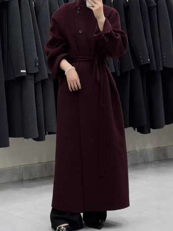 Γυναικείο παλτό από μαλλί, μακρύ με στάντ-γιακά, διπλής όψεως, άνετη γραμμή