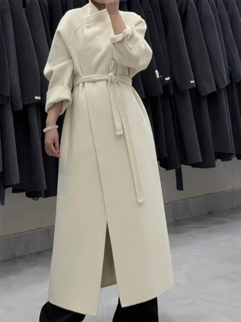 Γυναικείο παλτό από μαλλί, μακρύ με στάντ-γιακά, διπλής όψεως, άνετη γραμμή