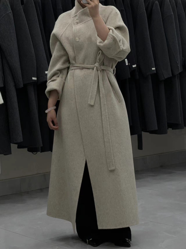 Γυναικείο παλτό από μαλλί, μακρύ με στάντ-γιακά, διπλής όψεως, άνετη γραμμή