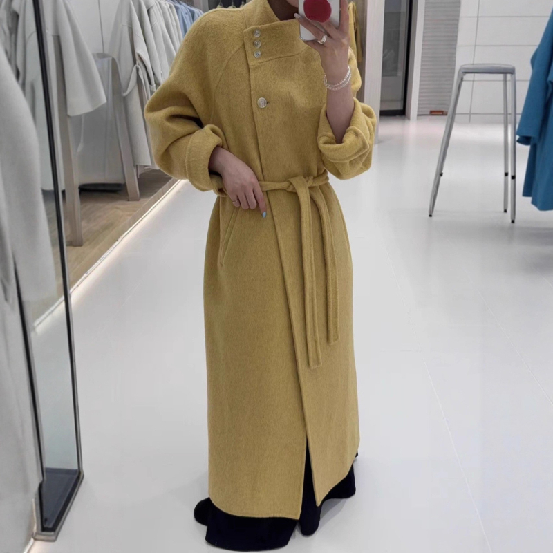 Γυναικείο παλτό από μαλλί, μακρύ με στάντ-γιακά, διπλής όψεως, άνετη γραμμή
