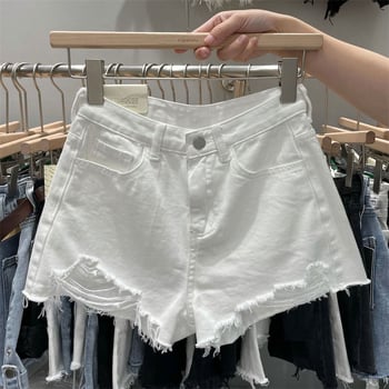 Șort jeans pentru femei - talie înaltă, croială lejeră, găuri uzate, denim din bumbac