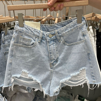 Șort jeans pentru femei - talie înaltă, croială lejeră, găuri uzate, denim din bumbac