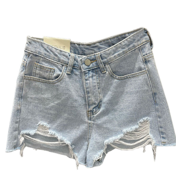 Șort jeans pentru femei - talie înaltă, croială lejeră, găuri uzate, denim din bumbac
