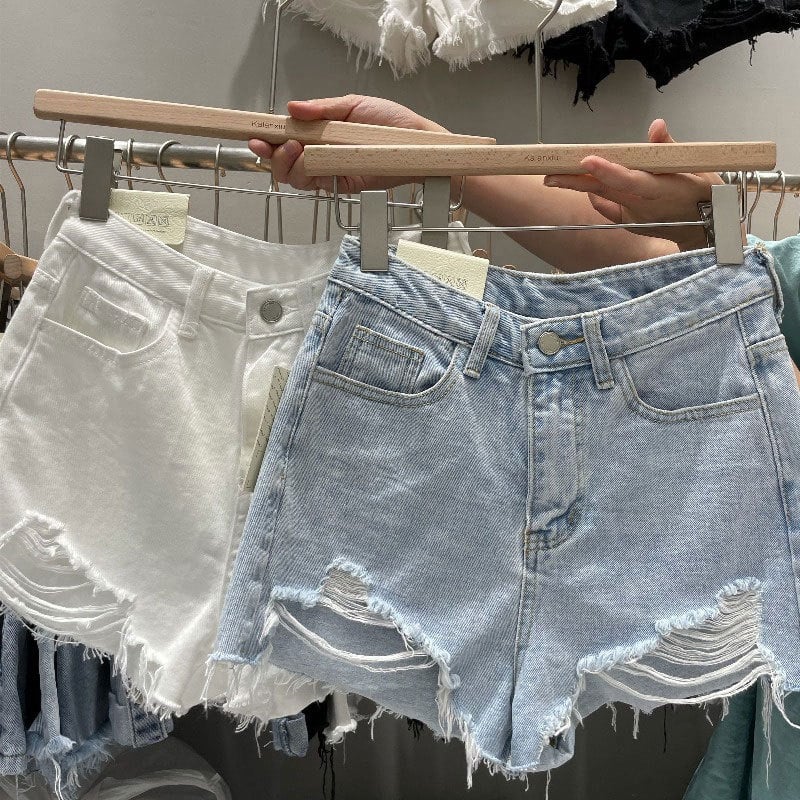 Șort jeans pentru femei - talie înaltă, croială lejeră, găuri uzate, denim din bumbac