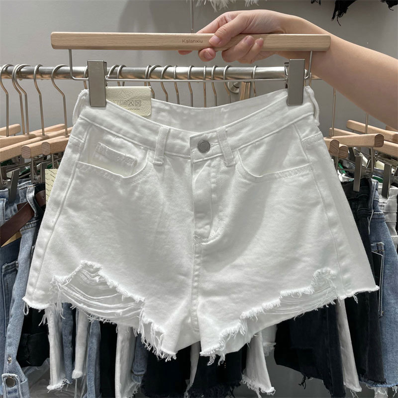 Șort jeans pentru femei - talie înaltă, croială lejeră, găuri uzate, denim din bumbac