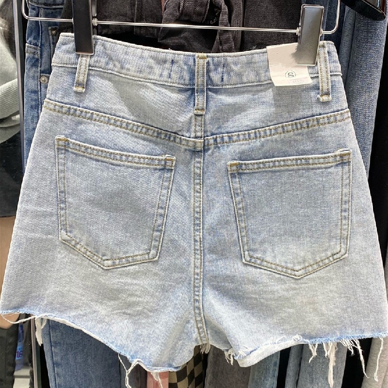 Șort jeans pentru femei - talie înaltă, croială lejeră, găuri uzate, denim din bumbac