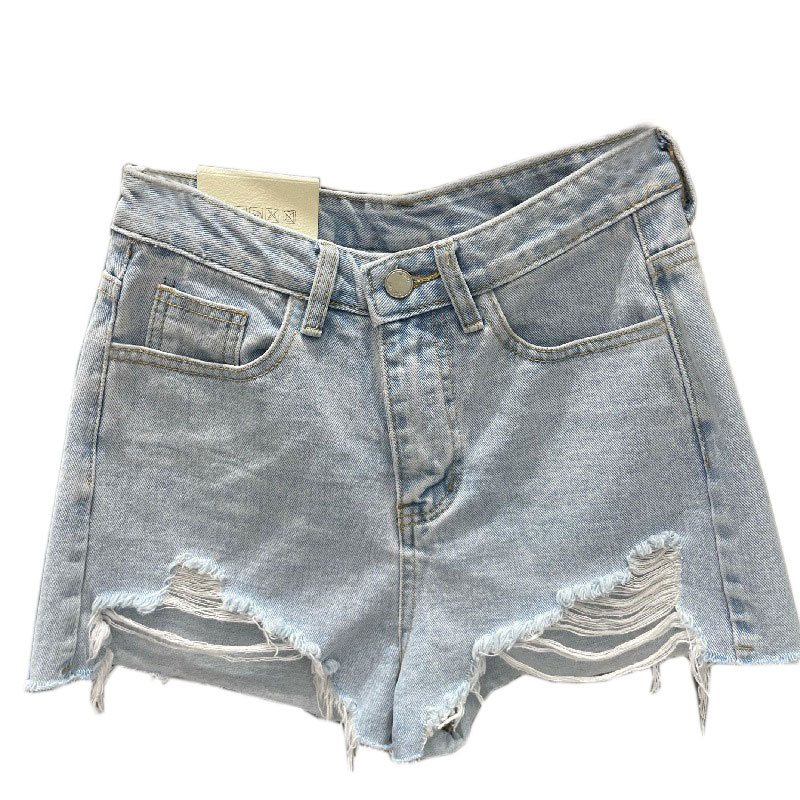 Șort jeans pentru femei - talie înaltă, croială lejeră, găuri uzate, denim din bumbac