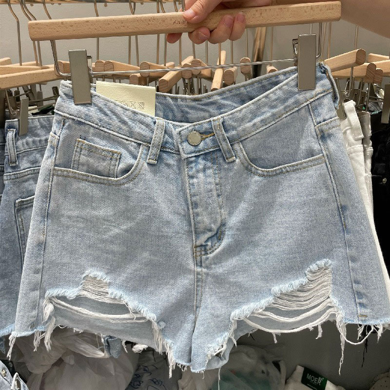 Șort jeans pentru femei - talie înaltă, croială lejeră, găuri uzate, denim din bumbac