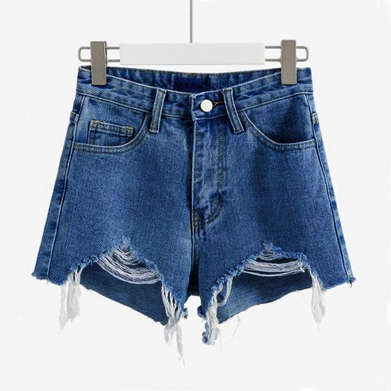 Șort jeans pentru femei - talie înaltă, croială lejeră, găuri uzate, denim din bumbac