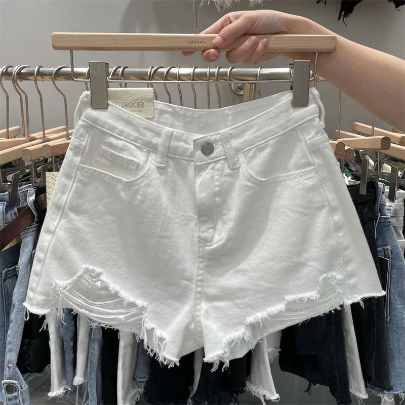 Șort jeans pentru femei - talie înaltă, croială lejeră, găuri uzate, denim din bumbac
