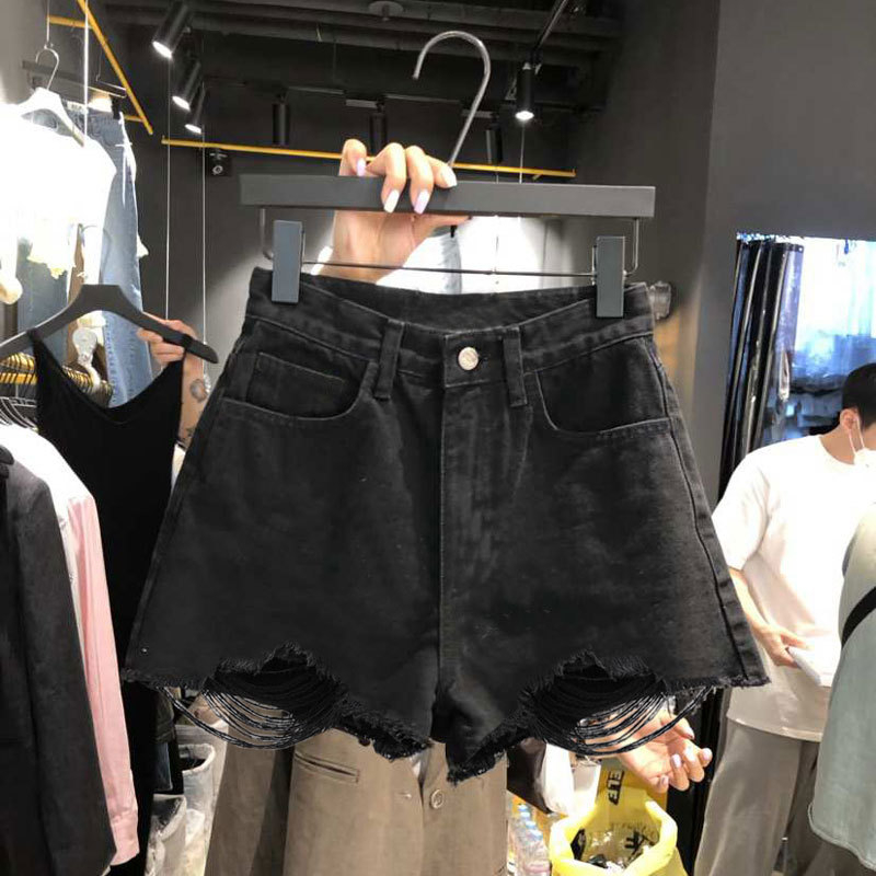 Șort jeans pentru femei - talie înaltă, croială lejeră, găuri uzate, denim din bumbac