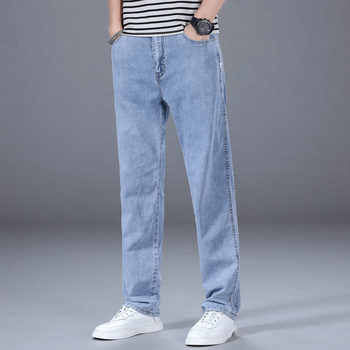 Ανδρικά τζιν με ίσιες γραμμές, βαμβακερό ύφασμα, μικροελαστικότητα, φερμουάρ, για όλες τις εποχές