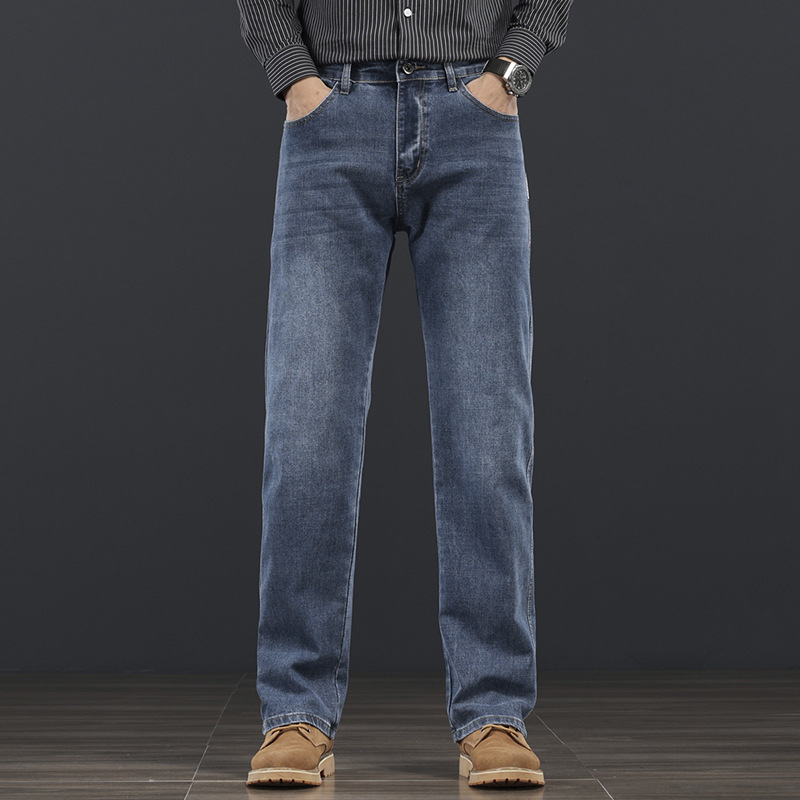Ανδρικά τζιν με ίσιες γραμμές, βαμβακερό ύφασμα, μικροελαστικότητα, φερμουάρ, για όλες τις εποχές