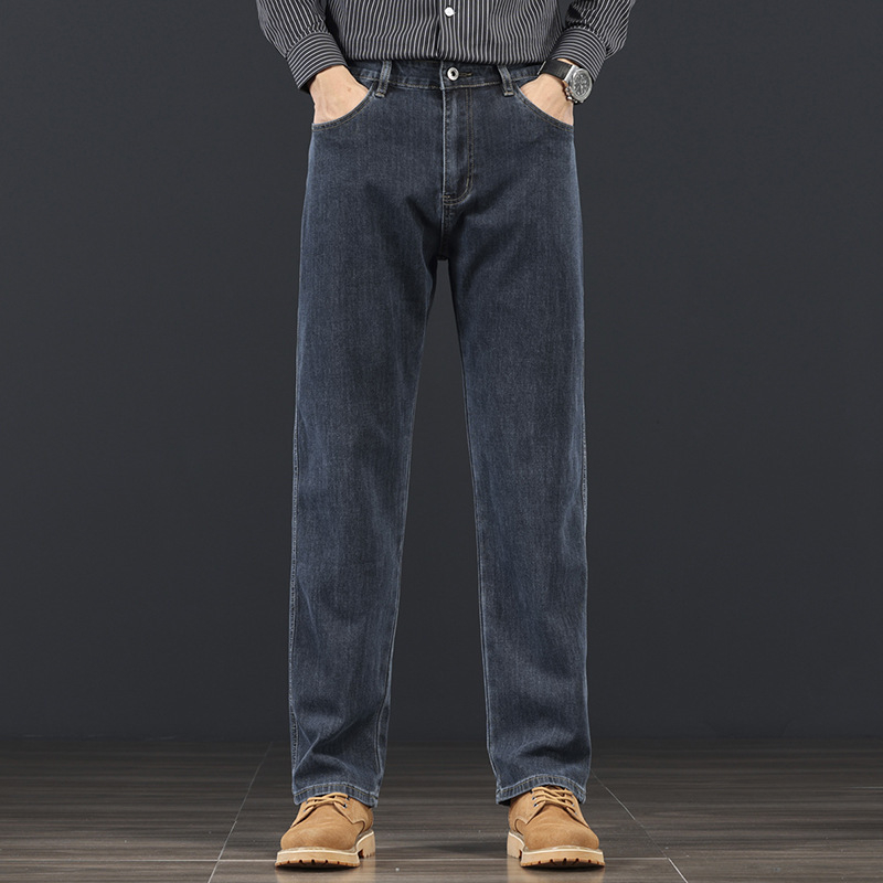 Ανδρικά τζιν με ίσιες γραμμές, βαμβακερό ύφασμα, μικροελαστικότητα, φερμουάρ, για όλες τις εποχές