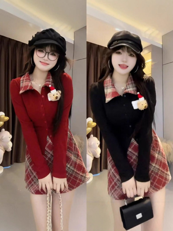 Set costum cu fustă: top polo tricotat 3D cu urs și fustă în carouri, poliester, mâneci lungi, lansare toamnă-iarnă 2025