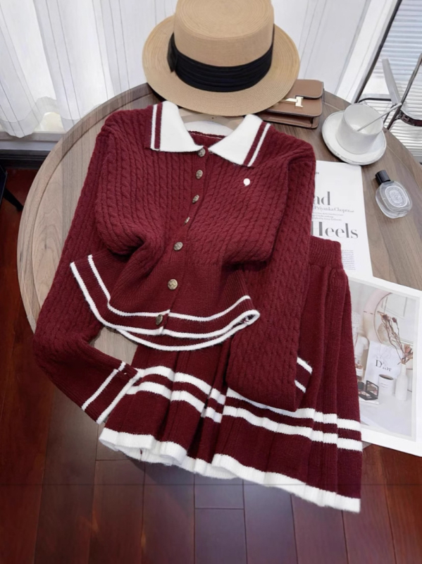 Set din două piese, în blocuri de culori: top tricotat cu guler polo și mâneci lungi și fustă plisată scurtă