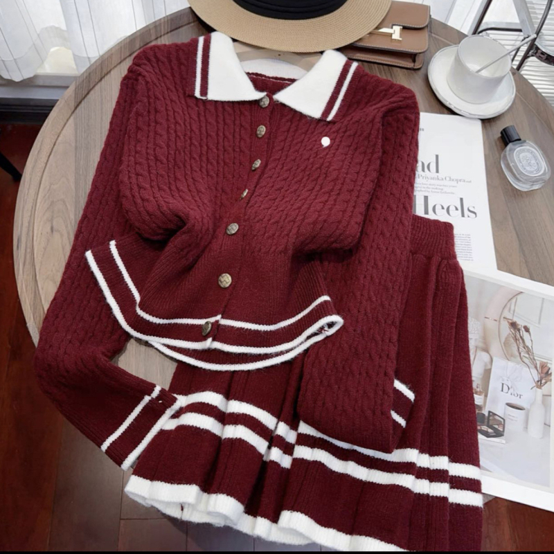 Set din două piese, în blocuri de culori: top tricotat cu guler polo și mâneci lungi și fustă plisată scurtă