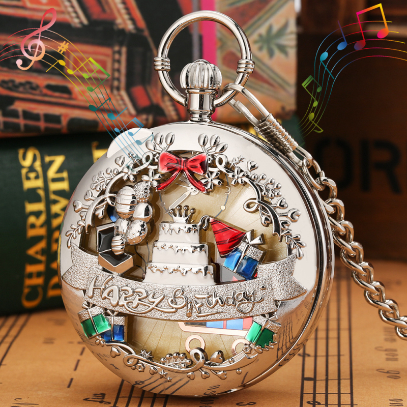 Kvarc zsebóra Happy Birthday témával és zenés dobozzal, világidő funkció, tokozás cinkötvözetből, mechanizmus 68