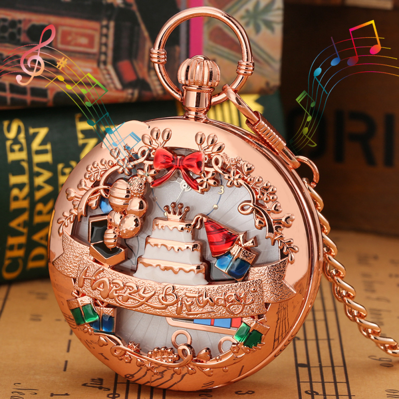 Kvarc zsebóra Happy Birthday témával és zenés dobozzal, világidő funkció, tokozás cinkötvözetből, mechanizmus 68