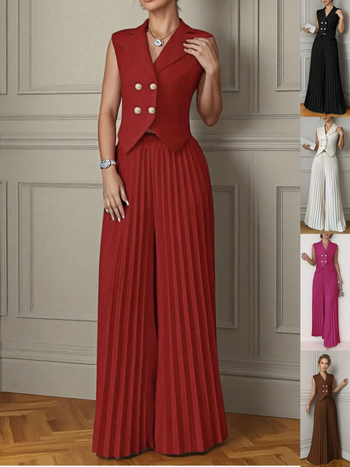 Set două piese pentru femei: top fără mâneci și pantaloni plisati, material poliester-elastan, vară 2025