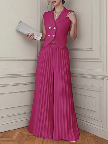 Set două piese pentru femei: top fără mâneci și pantaloni plisati, material poliester-elastan, vară 2025